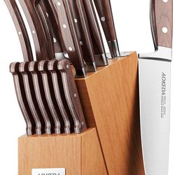 AOKEDA 15-Piece Kitchen Knife Set with Block, Stainless Steel Knives,  include Sharpener, Poultry Shears (Classic Pakkawood)