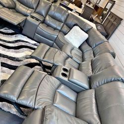 Labor Day sale now. Madrid gray leather reclining sectional only $1499. Easy finance option. Same day delivery.
