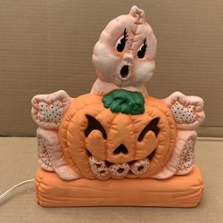 Vintage Halloween Hand Painted Lighted Ceramic Ghost Pumpkin Decoration Light Mold