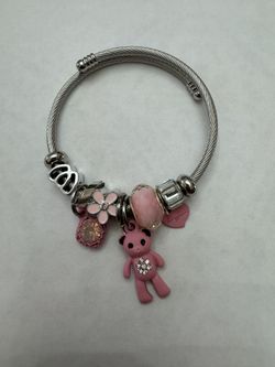 Stainless Steel Bracelet,charms And Pink Bear. 
