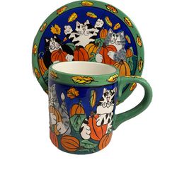Catzilla Halloween CATS pumpkin Mug Plate SET Candace Reiter ART Vintage 2001