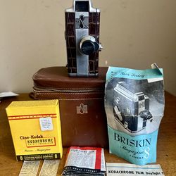 Vintage 1940s Briskin Silver Brown Faux Croc Leather 8mm Movie Camera w/Case