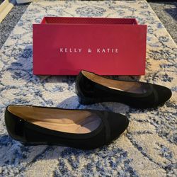 Kelly & Katie Sabeni Wedge Sole Dress Shoes Womens 7 M Black Twill Patent Trim