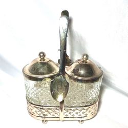 Vintage Clear Glass and Silver Tone Condiment Set with Carrier and Spoons