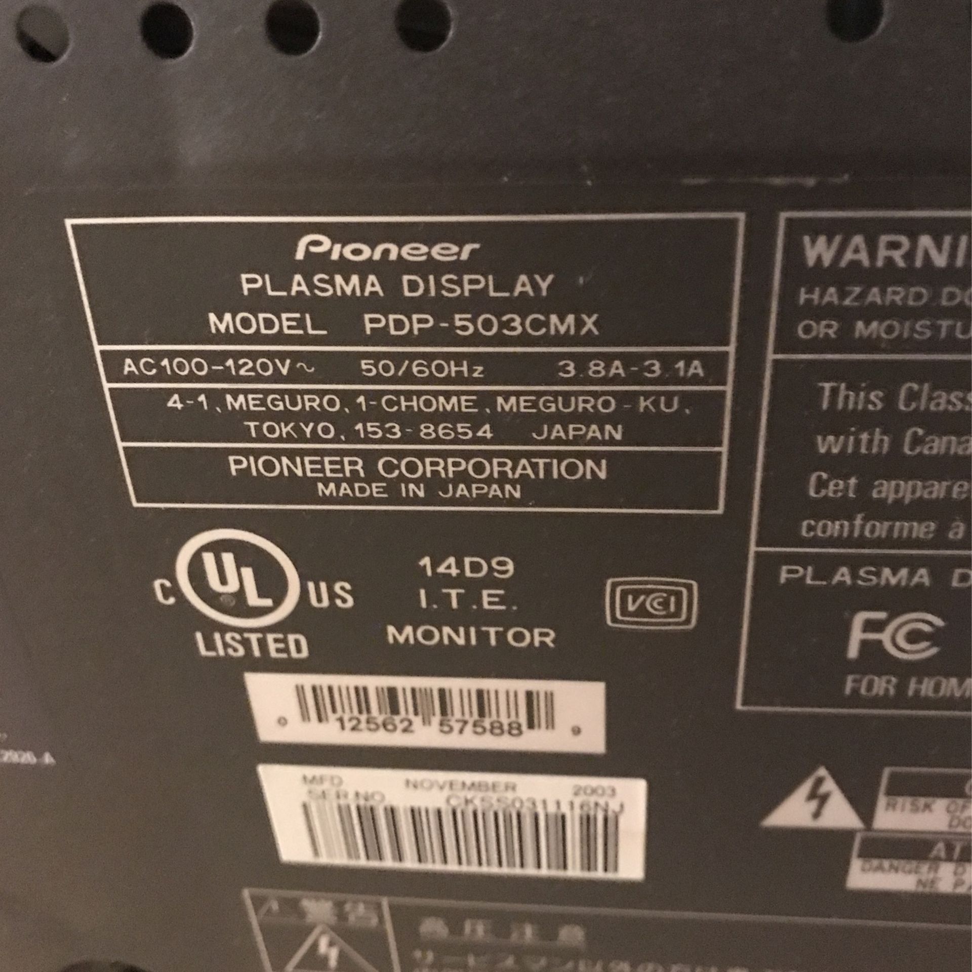 Pioneer 50” TV WITH BUILT IN CAMERA SYSTEM