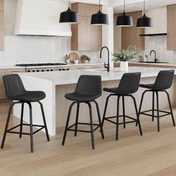 LUE BONA 360° Swivel Bar Stools Set of 4, 26 Inch Counter Height Bar Stools, Modern Faux Leather with Enlarged Seats, Metal Legs for Kitchen Island, D