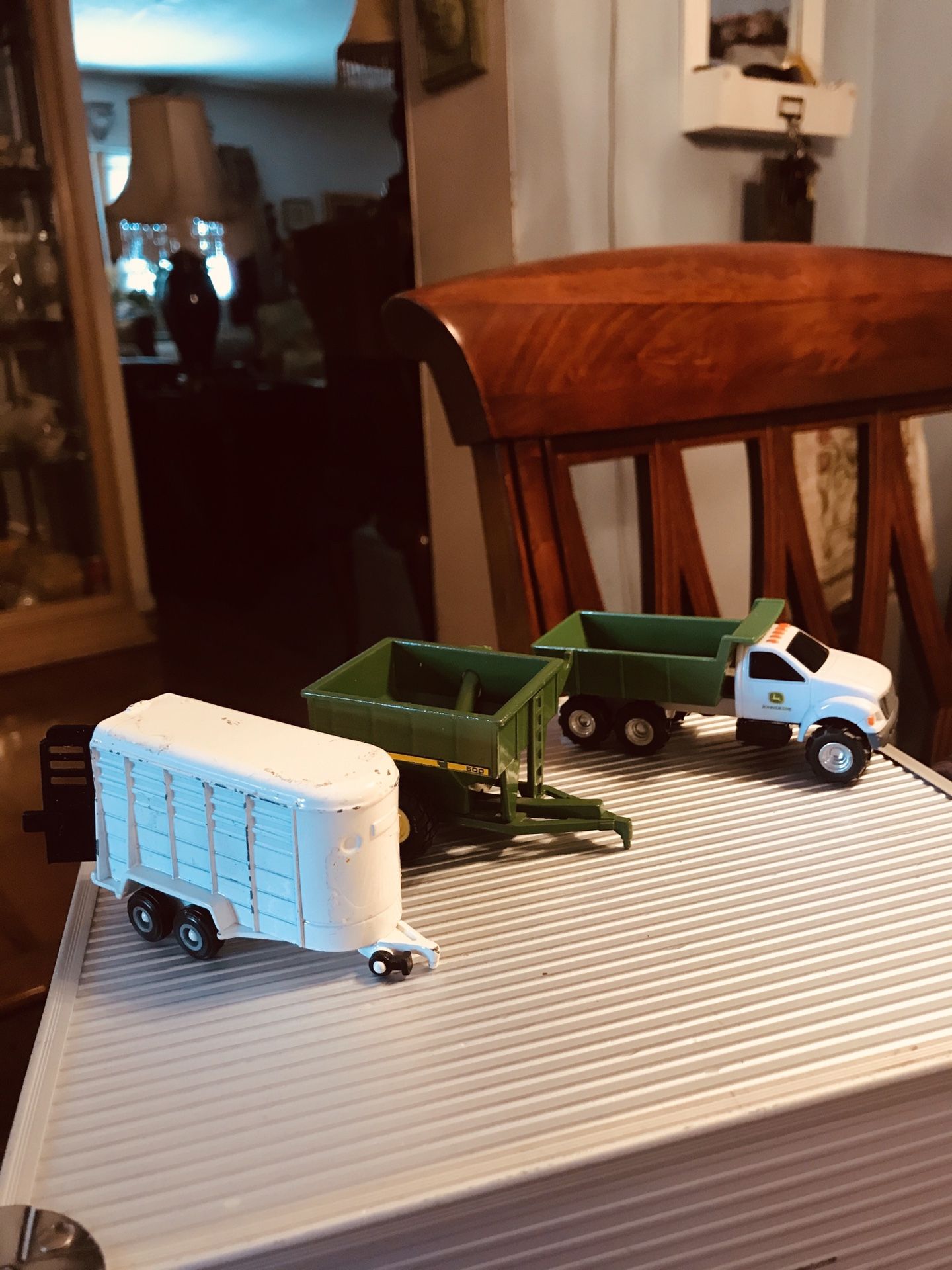 (3) Die Cast ERTL Items, Horse Trailer, John Deere pickup and a Hitch