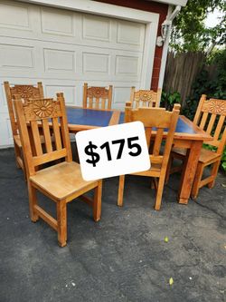 Hand Carved Solid Wood Dining Table Set w/6 Chairs Made In Mexico 6' x 3.5' Mesa Comedor