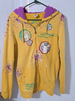 VTG Y2K Ed Hardy Christian Audigier Crowned Bulldog Multi-Patch Zip Hoodie M