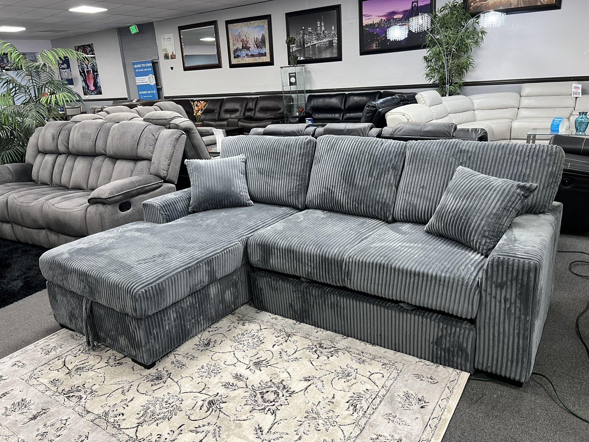 Gray Sofa Sectional w/ Pull Out Sleeper & Storage Chaise 