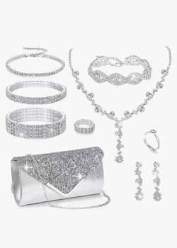 MEDOJO 10Pcs Silvery Rhinestone Jewelry Set for Women Bride Wedding Prom Jewelry Evening Rhinestone Sparkly Clutch Purse Bag Necklace Tennise Layered 