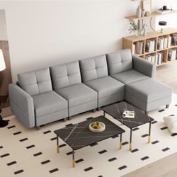 5 Pieces Modular Sectional Sofa Couch with Storage, Linen L-Shaped 4-seat Large Sectional Couch