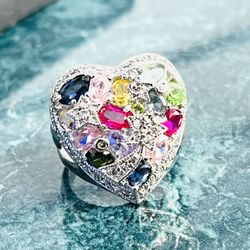 Sterling Silver Large Heart Shape Multicolor Gem Cluster Ladies Cocktail Ring 