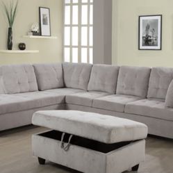 Grey Chenille Sectional Couch And Ottoman 