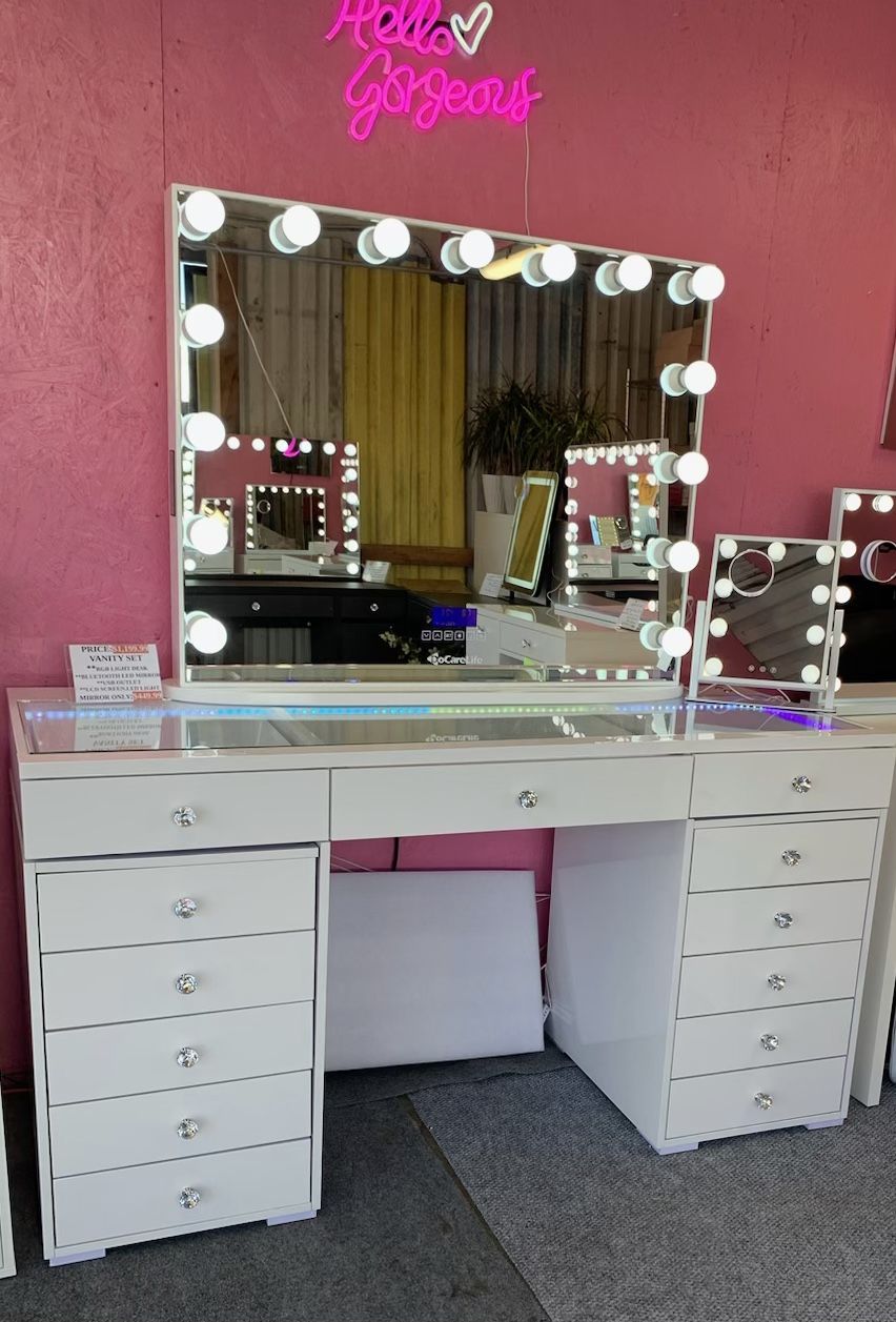 Brand New And assembled vanity set WithRGB Led Lights 13 Drawers Desk And Bluetooth Led Mirror