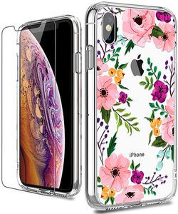 Brand new in box iPhone X Case, Clear iPhone X/Xs Case with Glass Screen Protector, Girls Women Floral Heavy Duty Protective Hard PC Back Case with U