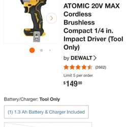 Dewalt Atomic 20V Max Cordless Brushless Compact 1/4 Impact Driver (TOOL ONLY)