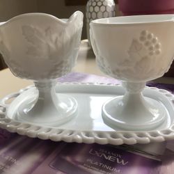 Vintage Milk Glass Sugar, Creamer With Serving Tray. Indiana Harvest Grape Pattern