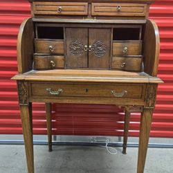 VINTAGE BURL OAK ROLLTOP SECRETARY DESK