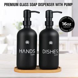 Dish Soap Dispenser and Hand Soap Dispenser with Bamboo Pump and Tray 16 Oz  Matte White Soap Dispenser Set for Kitchen Sink