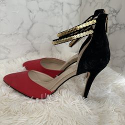 Red Black Gold Color block Pump  Pointed Toe Ankle Strap Stilettos Heels Sandals Sz9