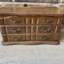 Vintage Wooden Jewelry Box With Mirror & 2 Pullout Drawers