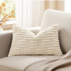 Textile 12x20 Inch Lumbar Pillow Cover 1 Pack Soft Plush Stripe Decorative Rectangle Cushion Elegant Double-Sided Corduroy Texture Pillow Cover for Co