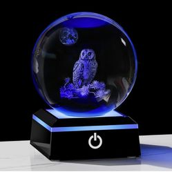 3D Crystal Ball 3.14'' - Laser Owl Decor Glass Animals Bird Figurines Statue Stuff for Room Decorations Bird Night Light