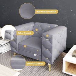 Velvet Upholstered Couch with Square Arms and Tufted Back, Mid-Century Modern Sofa Couch with Metal Buckle Decor and Metal Legs for Living Room, Offic