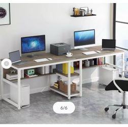 HL098 Two Person Desk with Bookshelf, 78.7 Computer Office Double Desk for Two Person, Rustic Writing Desk Workstation with Shelf for Home Office