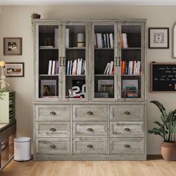 Weathered Gray 78.7 in. Accent Cabinet Office Storage Cabinet with 6-Shelves and 9-Drawers with Glass Doors