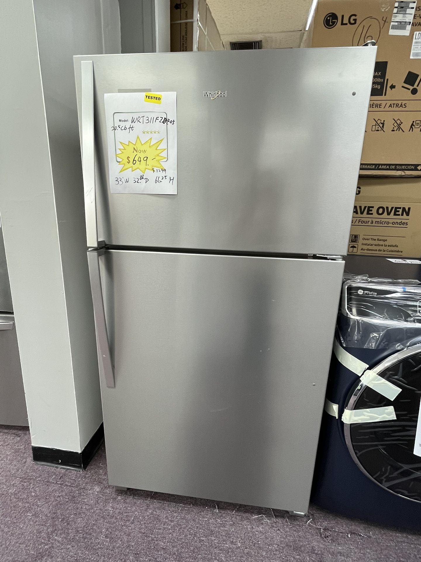 Refrigerator, 33’w Fridge Whirlpool, New With...