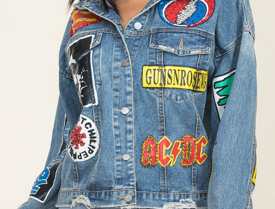 Ma Cherie Multi Punk Rock Metal Patch Small Denim Jacket

