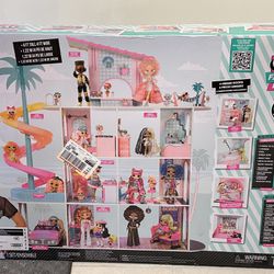 L.O.L. Surprise! OMG Fashion House Playset with 85+ Surprises and Made from Real Wood Including Pool, Spiral Slide, Rooftop Patio, Movie Theater, Tran