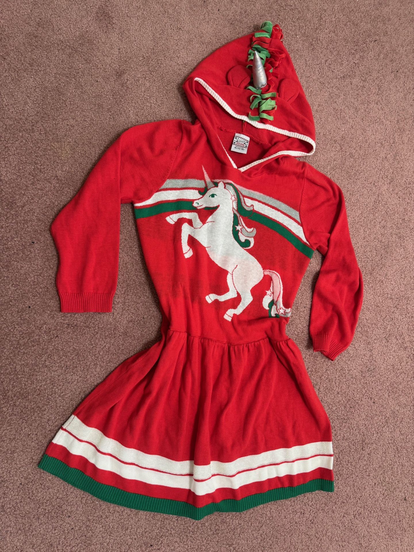 Girls kids xl 14 16 unicorn red vintage sweater dress Christmas ugly hood costume