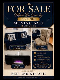 Moving Sale – Blue Sofa & Loveseat Set, Accent Chair & Electric Fireplace – Must Go by 6/28!