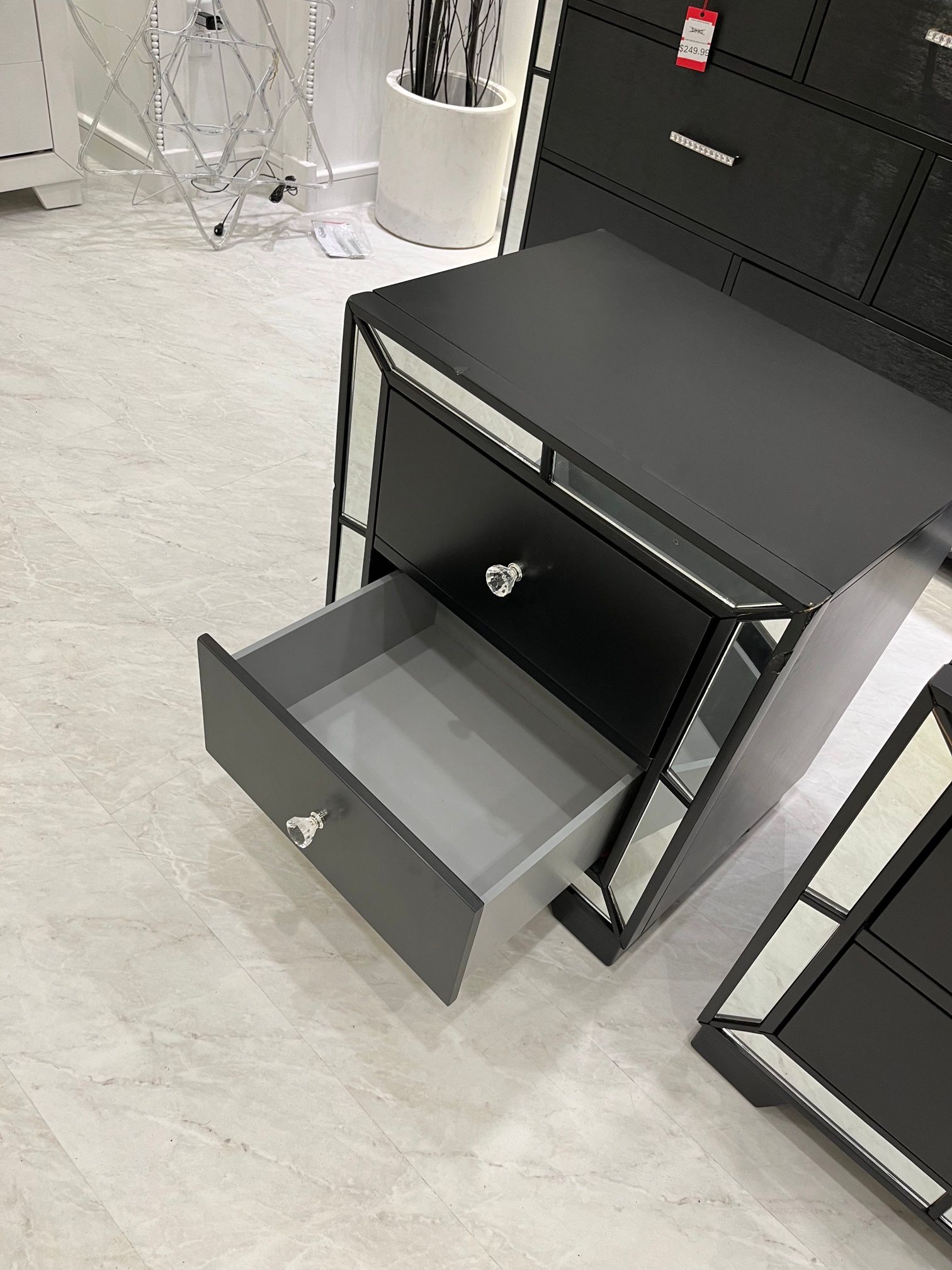 Reduced - Small Dents - A Black Nightstands, Silver Mirrored Trim, Jeweled Crystal Knob