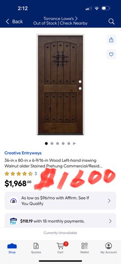 Creative Entryways 36-in x 80-in x 6-9/16-in Wood Left-hand inswing Walnut alder Stained Prehung Commercial/Resid.