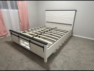 Farmhouse White Queen Size Platform Bed Frame with Headboard & 3 Barn Door Storage Cabinets – Brand New in Box – $170  ✨ Classic farmhouse design, sty