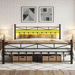 Z227-54" Metal King Bed Frame with Tall Headboard & Footboard, LED Light King Bed Frame, Strong Metal Slats Support and Noise-Free Design with Under B