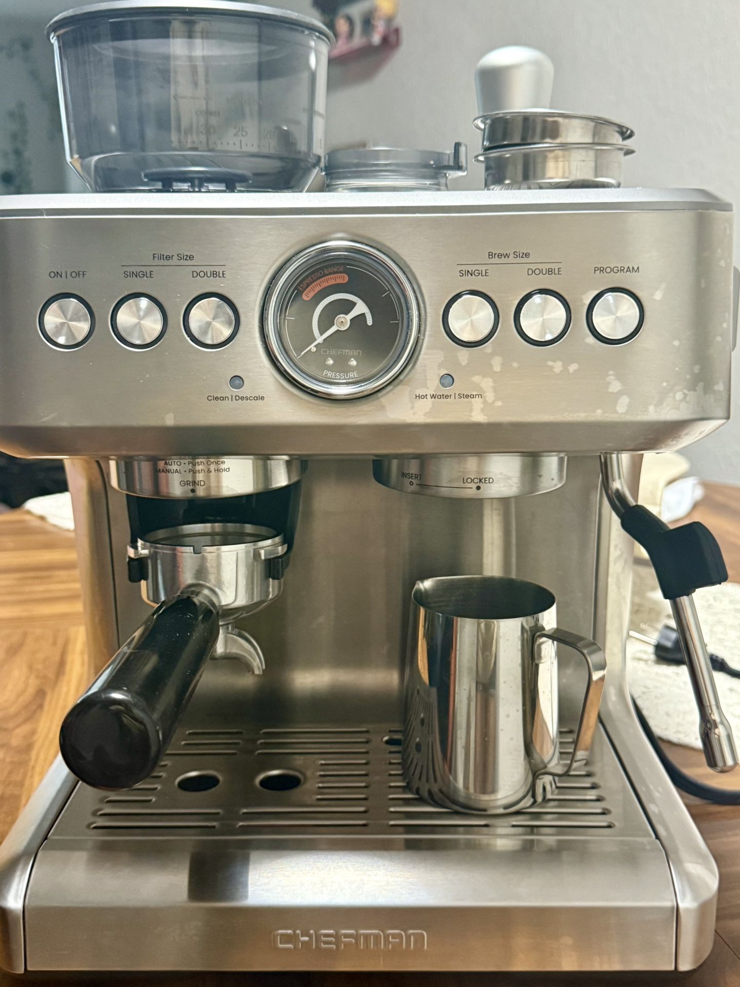 Chefman Crema Supreme Espresso Machine with Conical Burr Grinder and Steam Wand – Stainless Steel