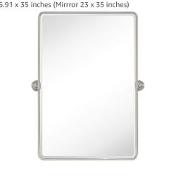 Brush Nickel Pivot Rectangle Bathroom Vanity Mirrror Farmhouse Tiltable Rounded Metal Framed Pivoting Bathroom Mirror with Beveled Mirrror, Overall 26