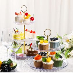 Patelai 4 Sets 3 Tier Crystal Acrylic Clear Cake Stand with Gold Round Holder Acrylic Cupcake Stand Holder for Home Wedding Holiday Birthday Tea Party