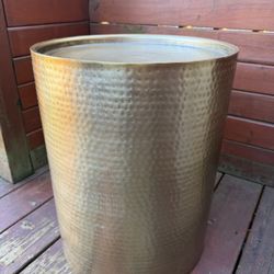  Hammered Brass Gold Finish Metal Drum Side Table / Accent Decor