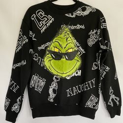 The Grinch Women's Black Sweatshirt Dr. Seuss All Over Graphic Print Size XS