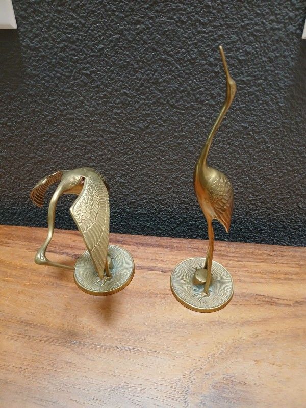 Large Pair of Vintage Brass Crane Statue Figurines, Mid Century Bird Decor, Brass Stork or Egret