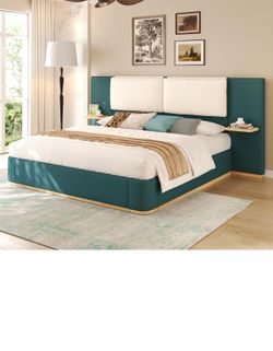 Brand New Queen Bed Frame with Headboard Shelves – Upholstered Two-Tone