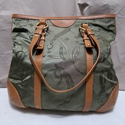 Ralph Lauren Equestrian Green Fabric And Leather Large Tote