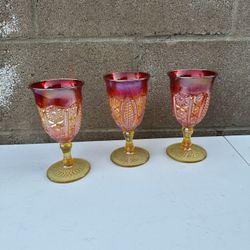 Lot of 3 Vintage Indiana Carnival Glass Amberina Sunset Iridescent 70s Glasses