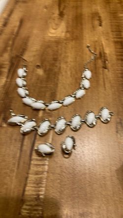 Silver and White Stone Necklace Earrings and Bracelet